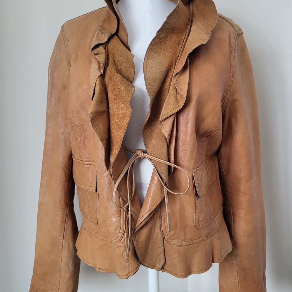 Women's Tan Ruffle Leather Jacket - Picture 9 of 14